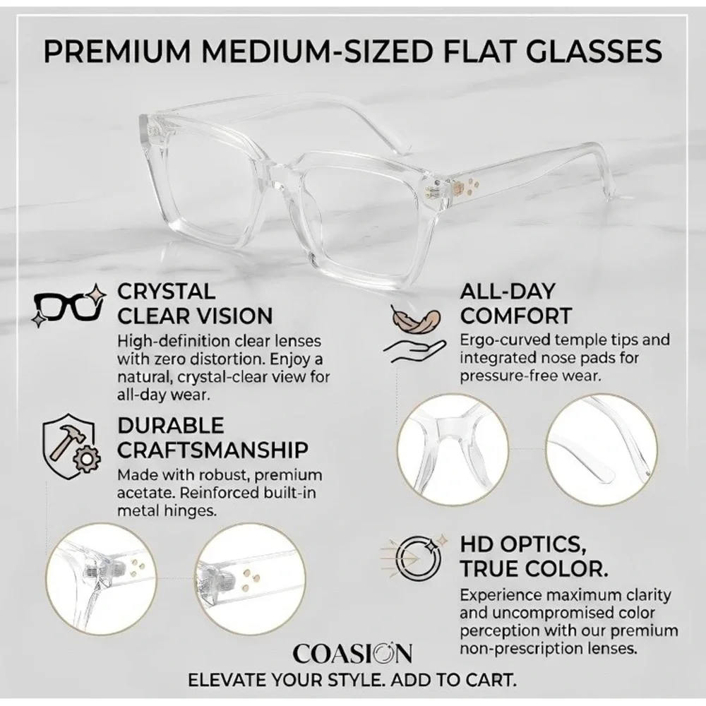 COASION Clear Frame Square Non-Prescription Glasses Premium Acetate Medium Size